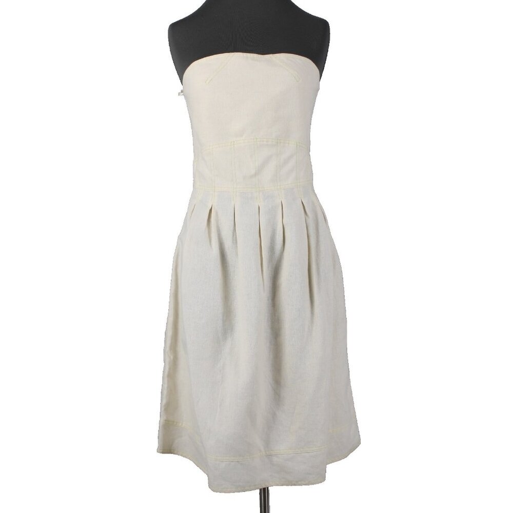 Meadow Dress Sz M Cream Tan Green Stitching Pleated Hemp Tencel Dress